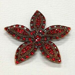 Vintage Red Rhinestone Star flower Brooch Pin With Bronze-Tone Metal Setting